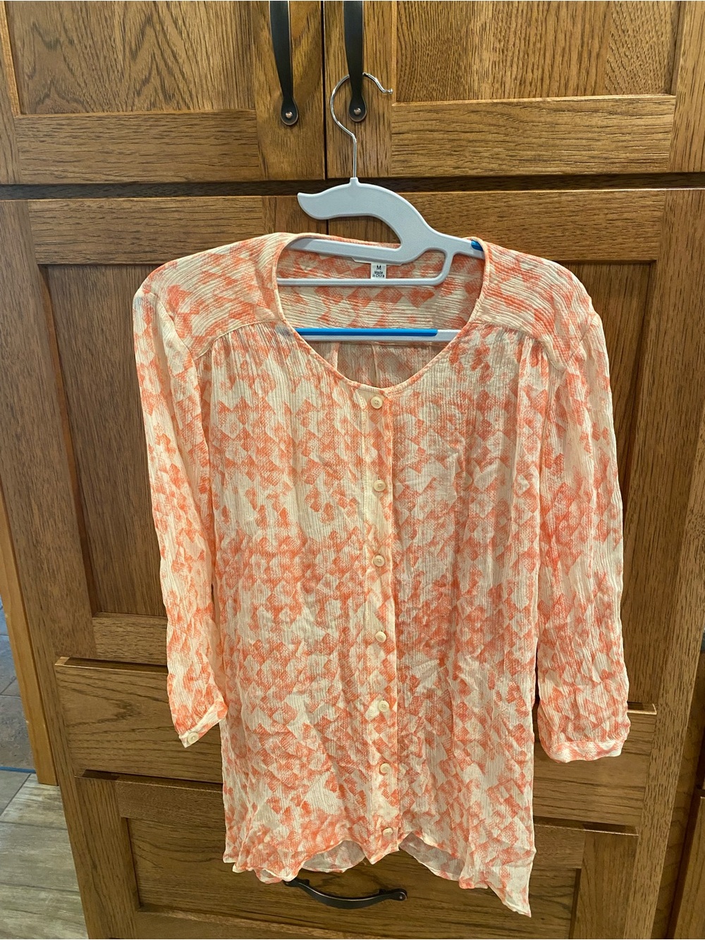 CAbi Peach and Cream Printed Button-Front Blouse